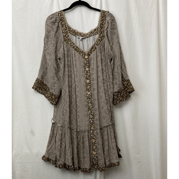 white birch Dresses & Skirts - White Birch Women's Brown Floral BOHO Tunic Short Button Up Dress - SZ XL